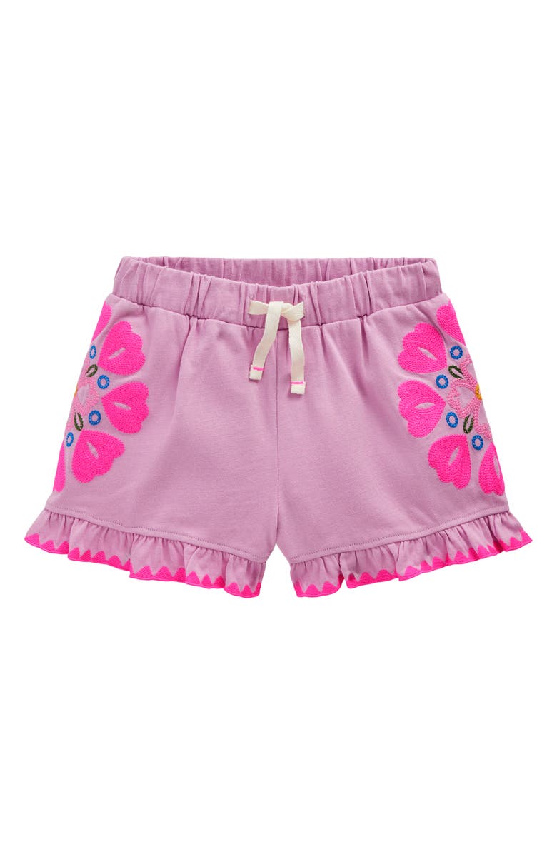 Mini Boden Kids' Embroidered Cotton Jersey Shorts, Main, color, Pink Punch Embroidery