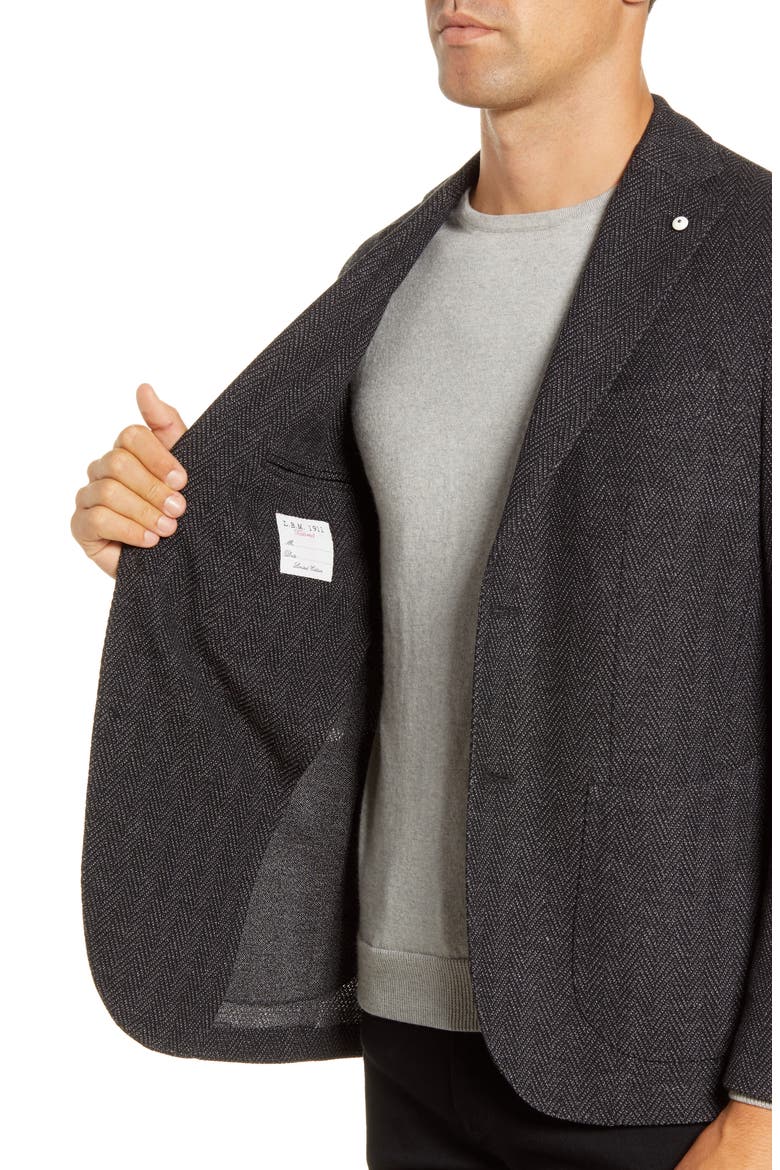 Trim Fit Herringbone Wool & Cotton Sport Coat, Alternate, color, BLACK