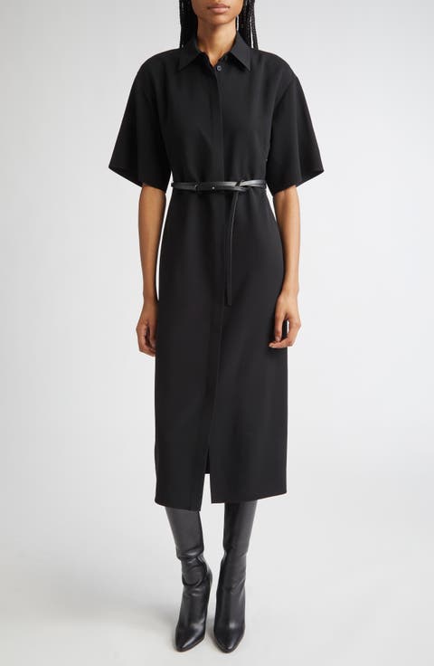 Drop Shoulder Belted Finesse Crepe Midi Shirtdress