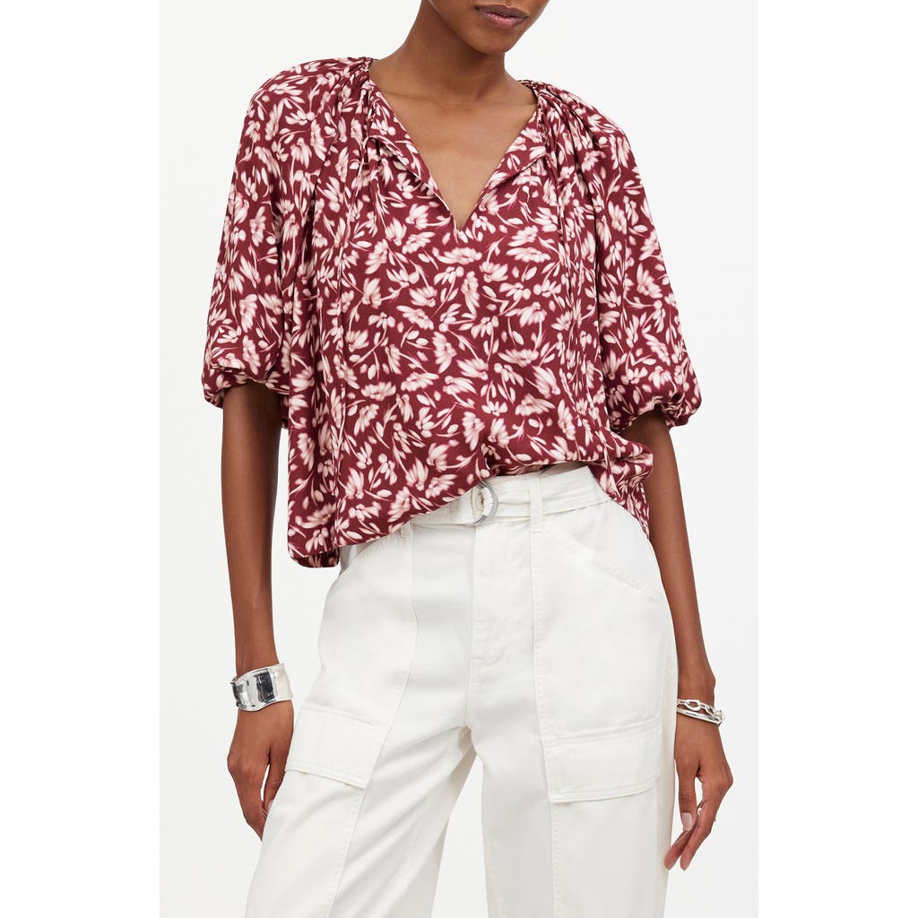 Shop Madewell Floral Bubble Sleeve Top In Bordeaux
