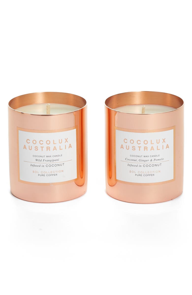 Cocolux Australia Wild Frangipani & Coconut, Ginger & Pomelo Candle Duo, Main, color, 