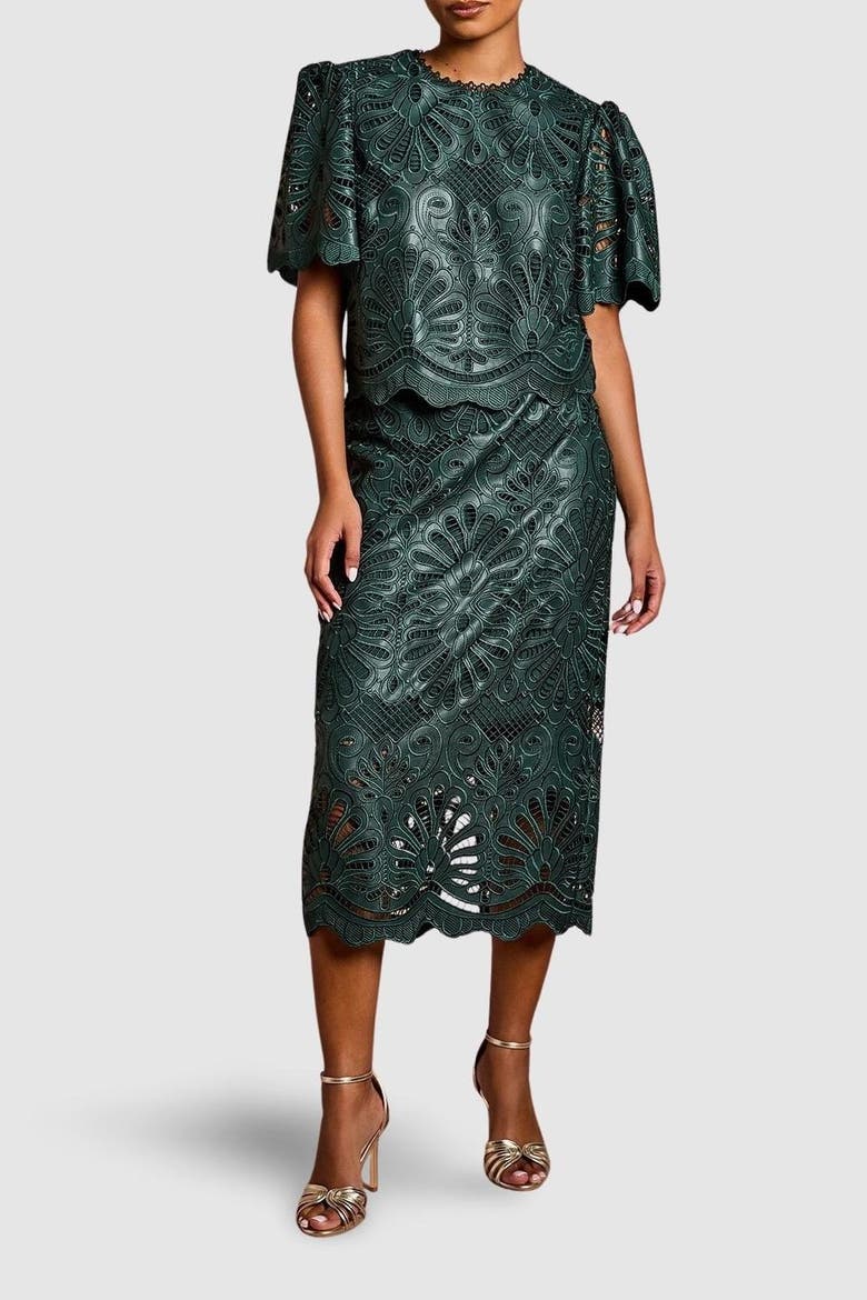 Petite PU Lace Midi Skirt, Alternate, color, Emerald