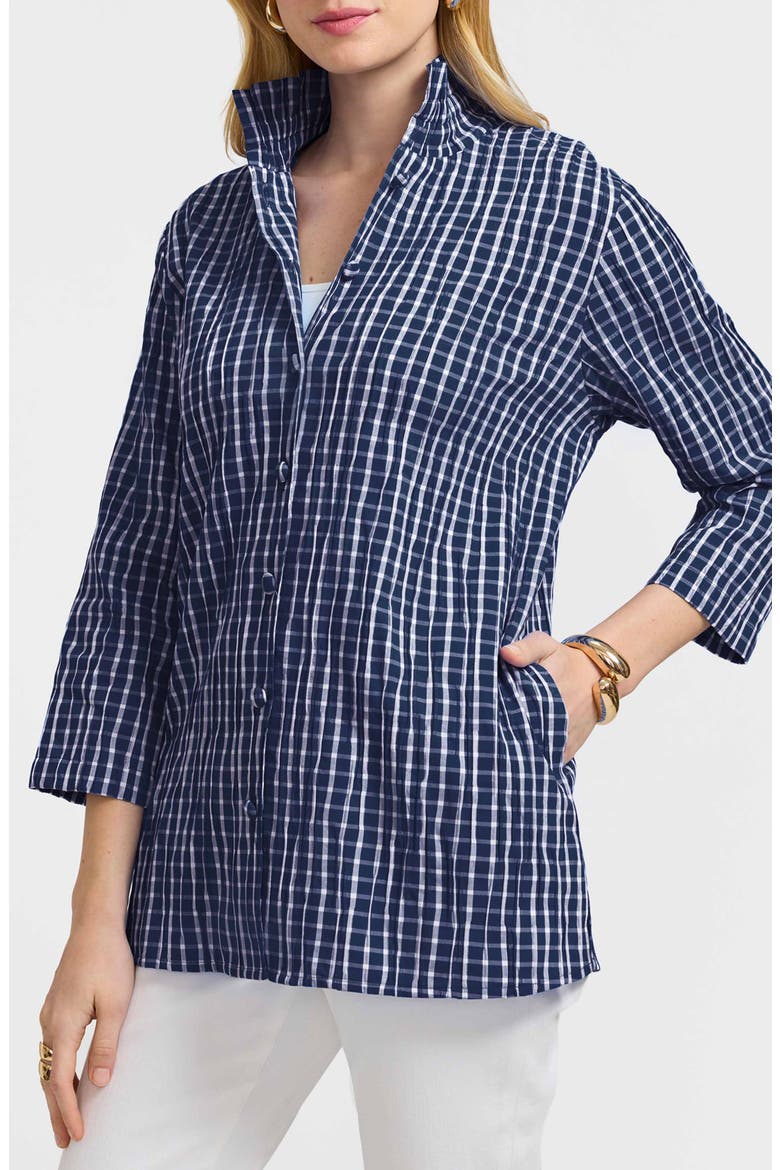 Carolina Crinkled Gingham Cotton Blend Shirt Jacket, Main, color, NAVY/ WHITE