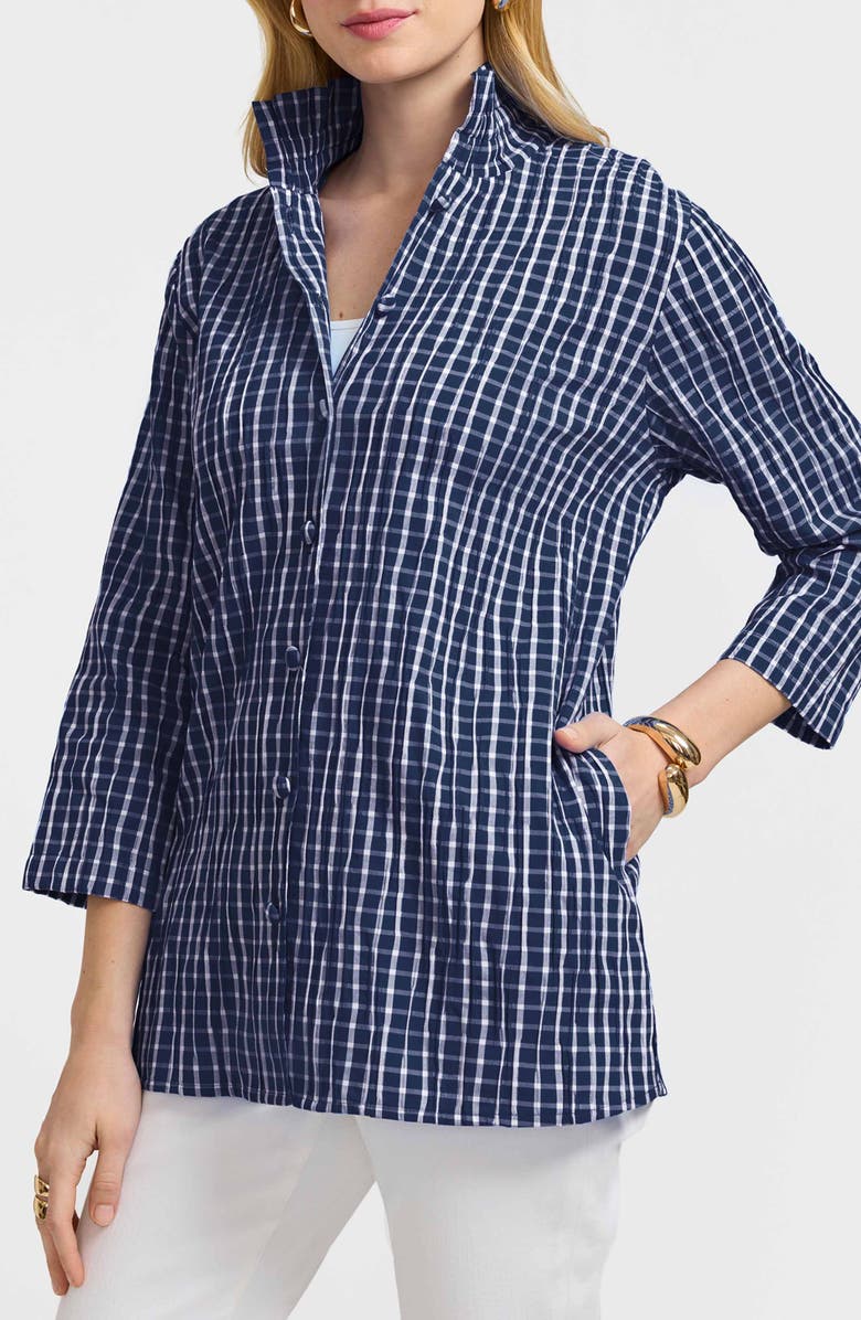 Foxcroft Carolina Crinkled Gingham Cotton Blend Shirt Jacket, Main, color, Navy/ White