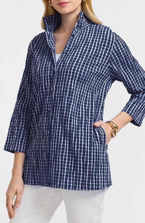 Carolina Crinkled Gingham Cotton Blend Shirt Jacket