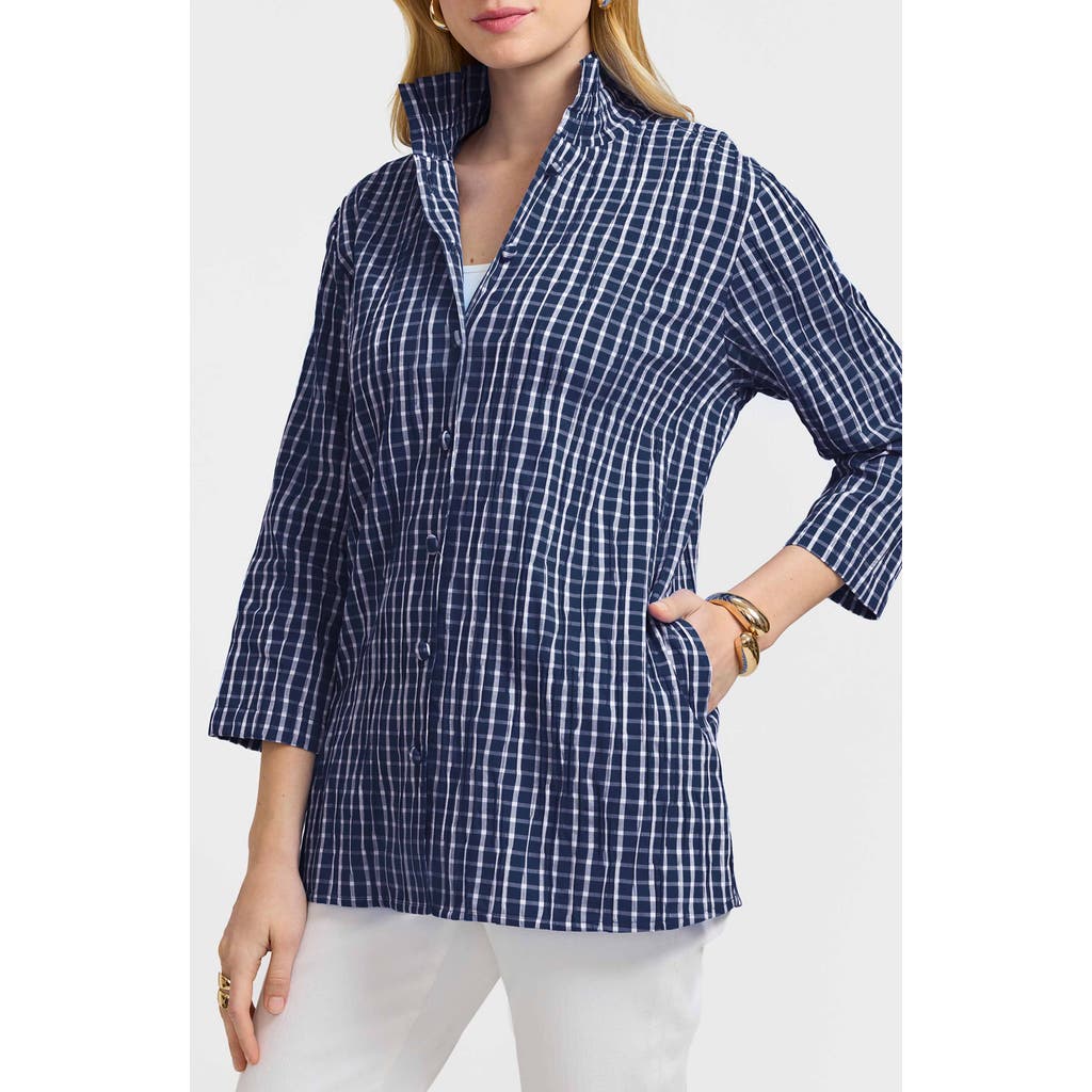 Foxcroft Carolina Crinkled Gingham Cotton Blend Shirt Jacket In Navy/white