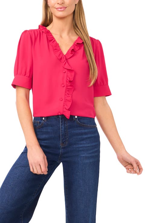 Ruffle Detail Short Sleeve Georgette Button-Up Shirt