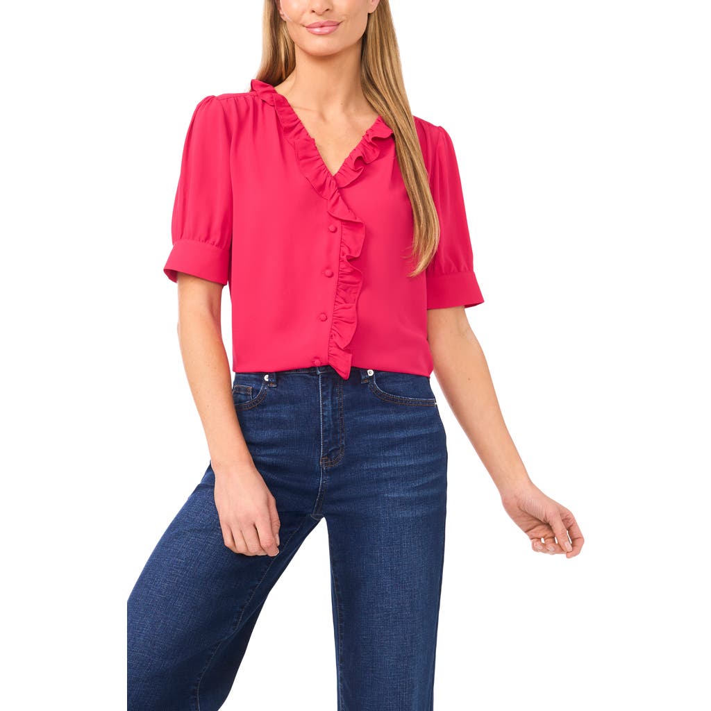 Cece Ruffle Detail Short Sleeve Georgette Button-up Shirt In Red