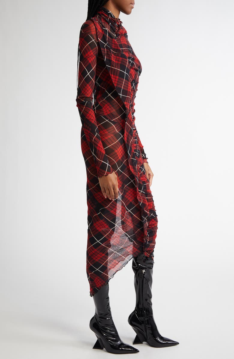 Jean Paul Gaultier Draped Plaid Long Sleeve Mesh Midi Dress, Alternate, color, 