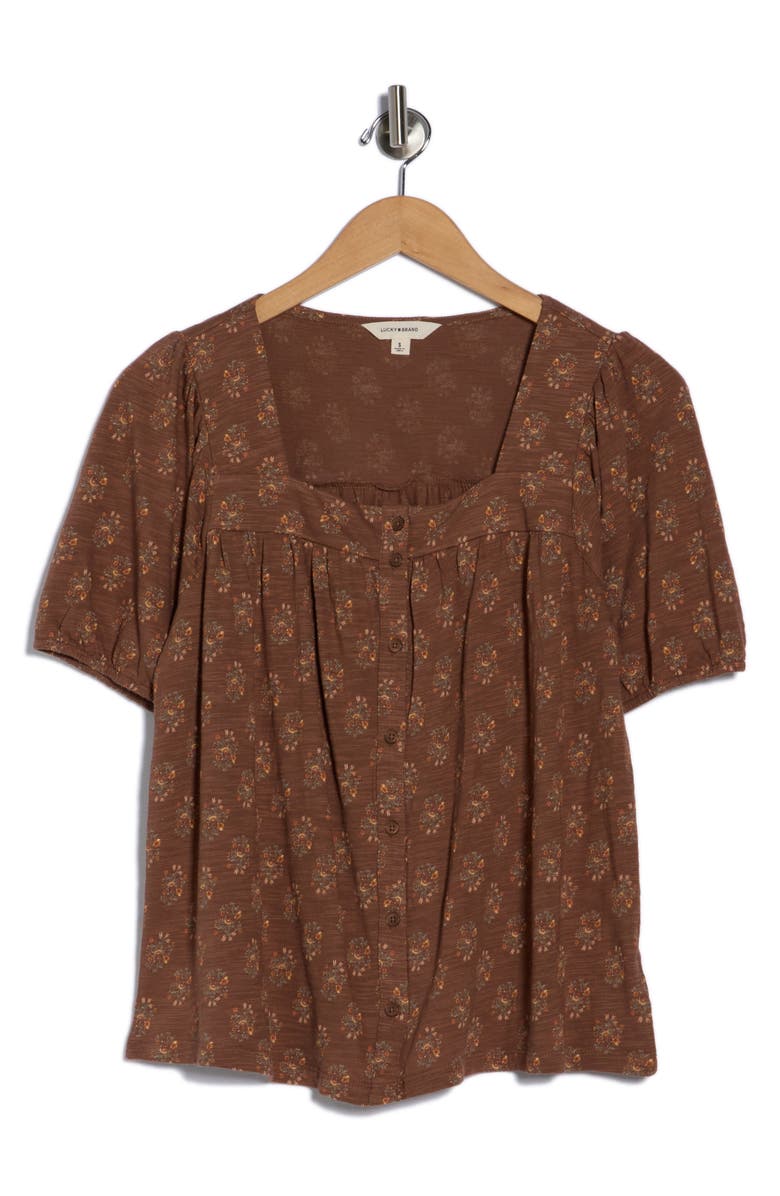 Lucky Brand Floral Square Neck Button Top, Alternate, color, Brown Floral