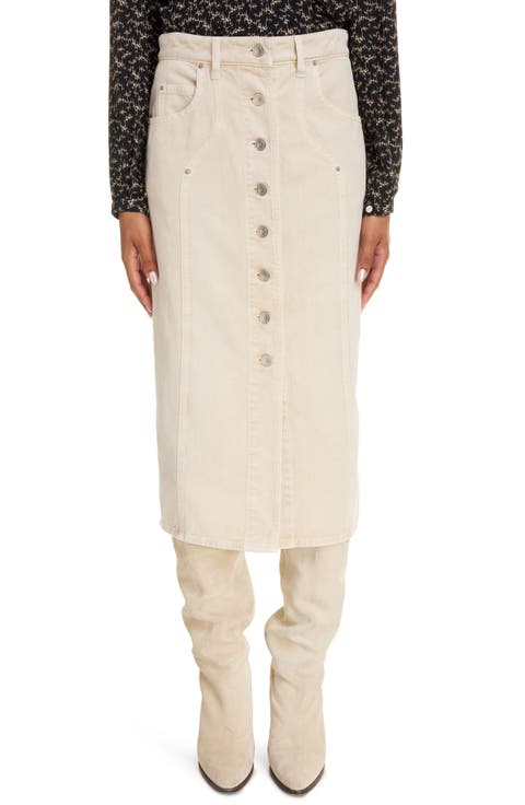 Vandy Front Button Denim Midi Skirt