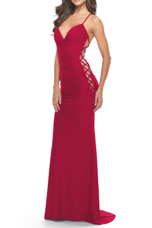 La Femme Unique Jersey Dress With Open Criss Cross Sides In Red