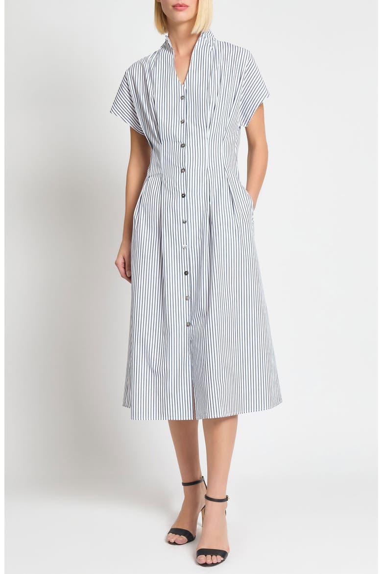 x Tanya Foster Pinstripe Cotton Fit & Flare Midi Dress, Main, color, WHITE/BLACK