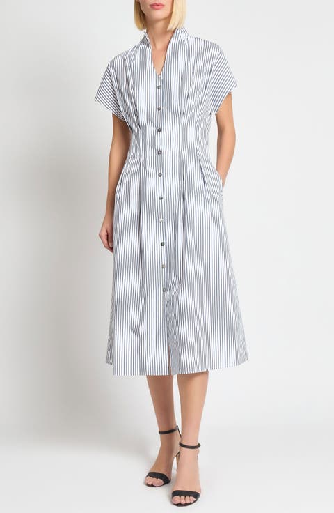x Tanya Foster Pinstripe Cotton Fit & Flare Midi Dress