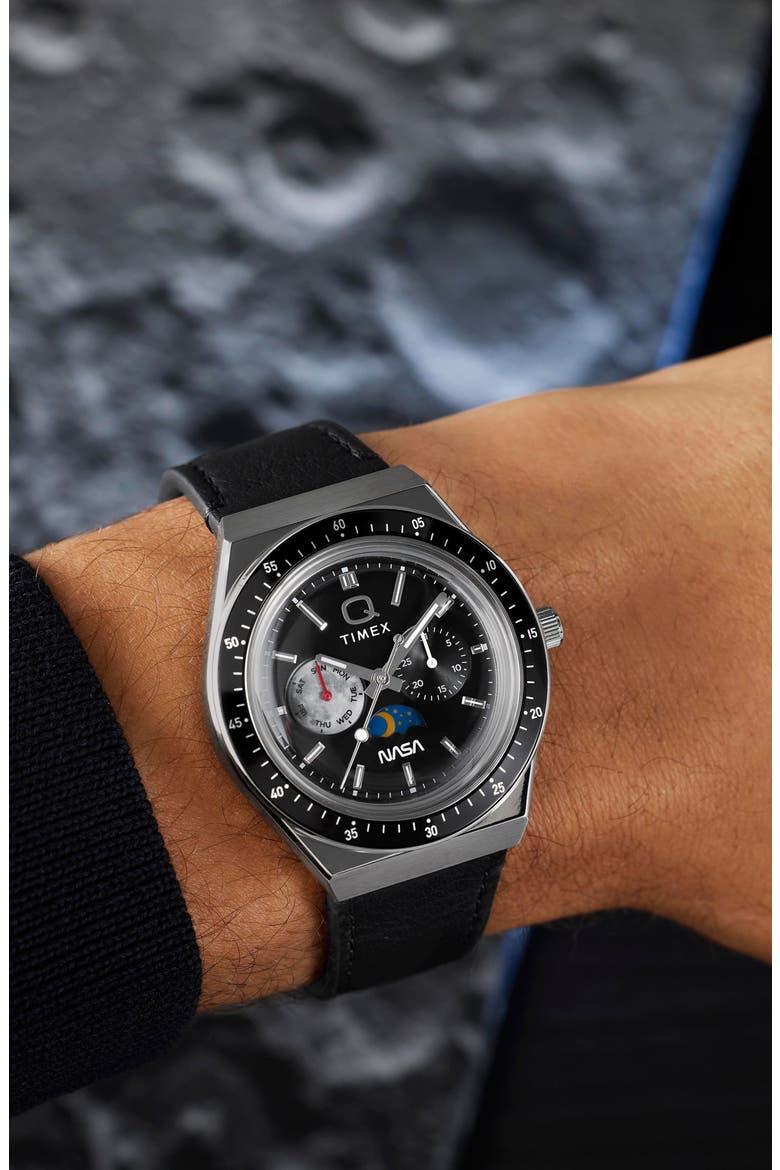 Q Timex NASA 40mm Leather Strap Watch, Alternate, color, BLACK/ SILVER-TONE