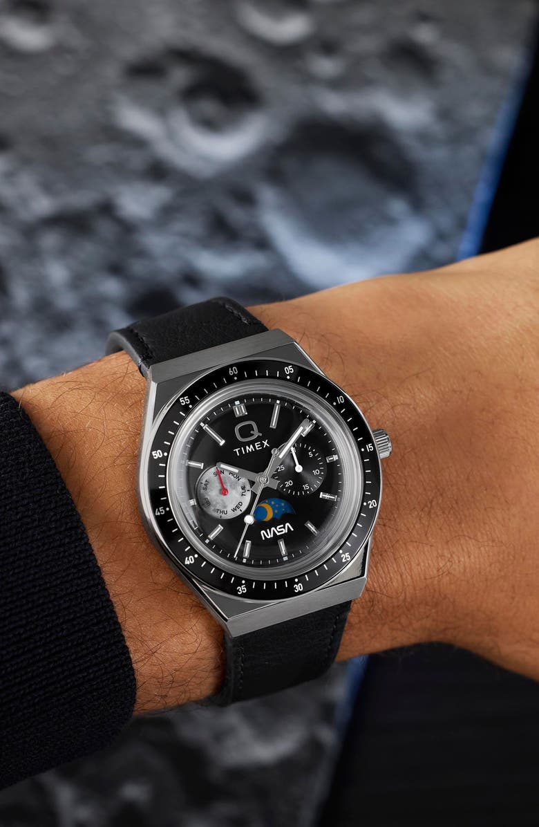 Timex<sup>®</sup> Q Timex NASA 40mm Leather Strap Watch, Alternate, color, Black/ Silver-Tone