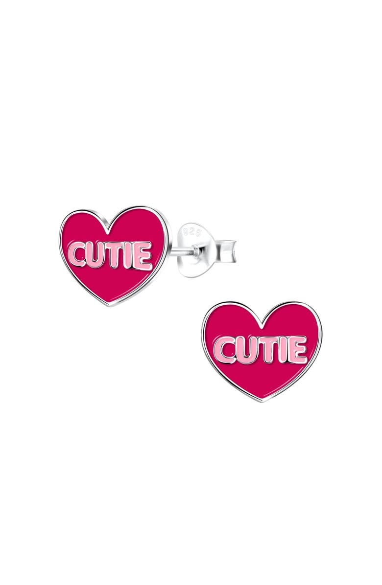 Mia Belle Girls Sterling Silver Pink Cutie Heart Stud Earrings, Main, color, Metallic Silver