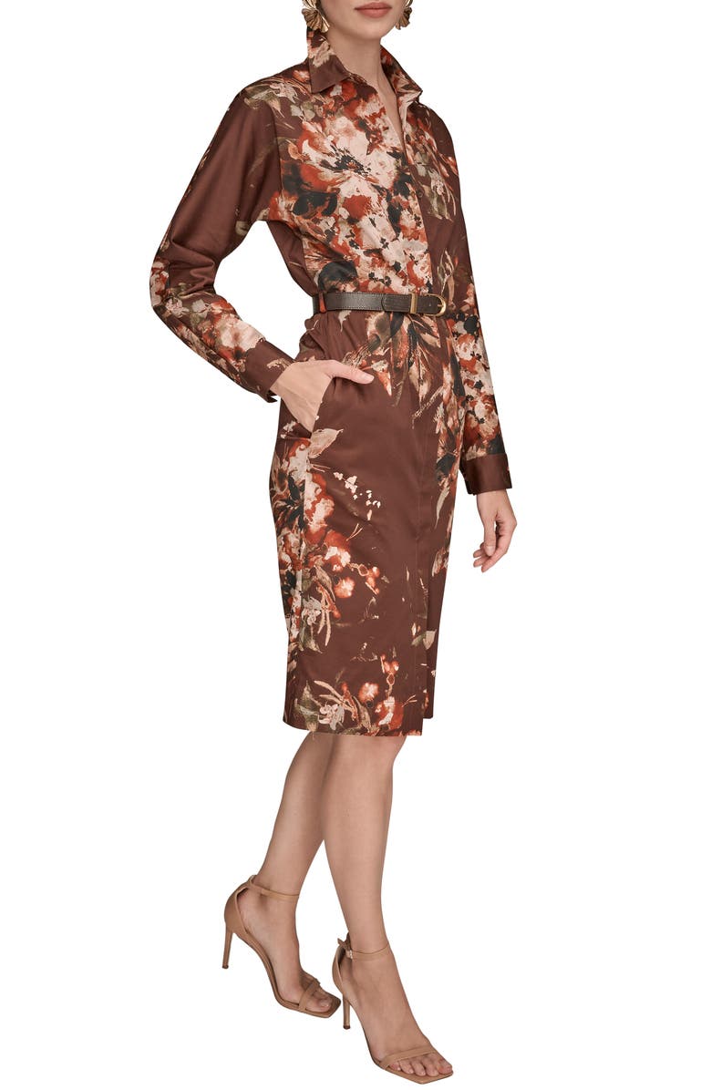 Donna Karan New York Floral Long Sleeve Belted Stretch Cotton Shirtress, Alternate, color, Oxblood Multi