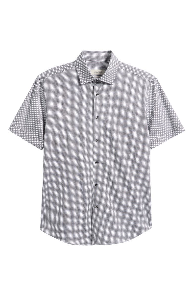 Bugatchi Miles OoohCotton<sup>®</sup> Geo Print Short Sleeve Button-Up Shirt, Main, color, White