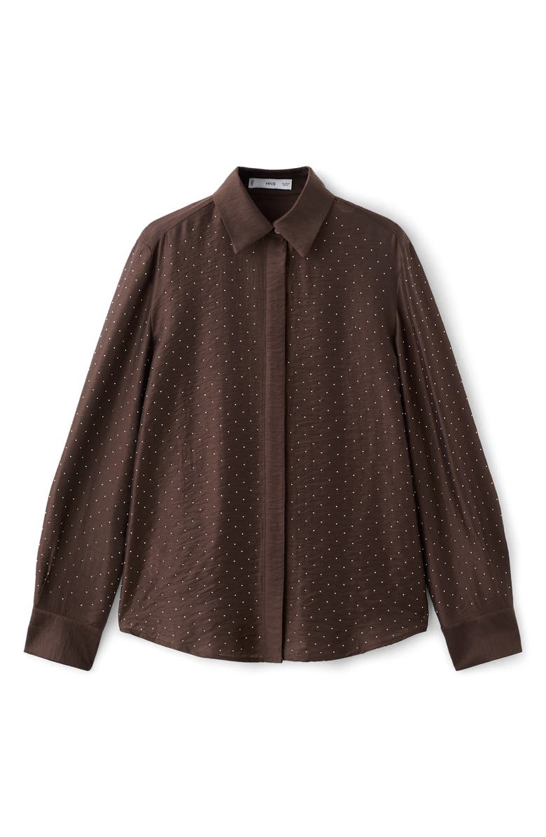 MANGO Rhinestone Satin Button-Up Shirt, Alternate, color, Brown