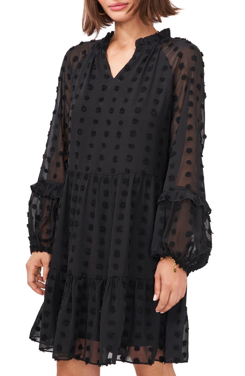 Halogen<sup>®</sup> Long Sleeve Clip Dot Chiffon Babydoll Dress, Alternate, color, Rich Black
