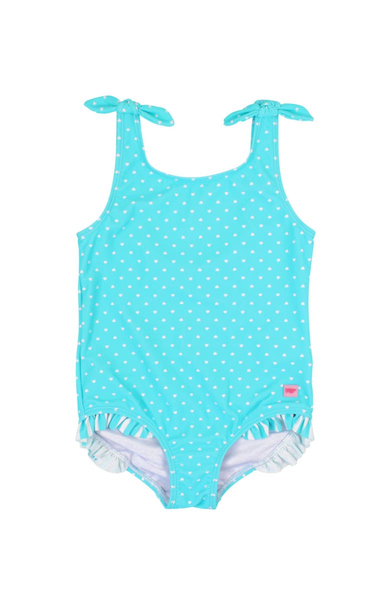 RuffleButts Toddler Girls UPF50+ Tie Shoulder One Piece, Main, color, Bright Aqua Heart Polka Dot