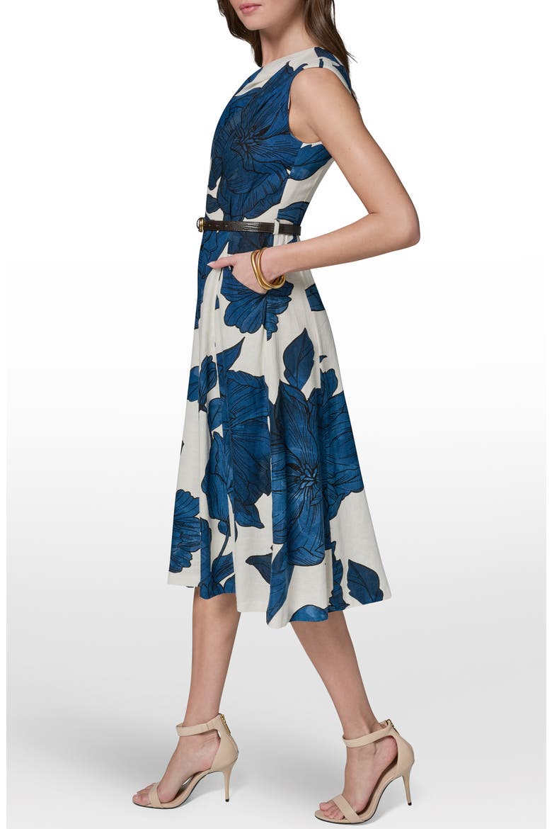 Belted Floral Linen Blend Fit & Flare Dress, Alternate, color, CREAM/ NIGHT