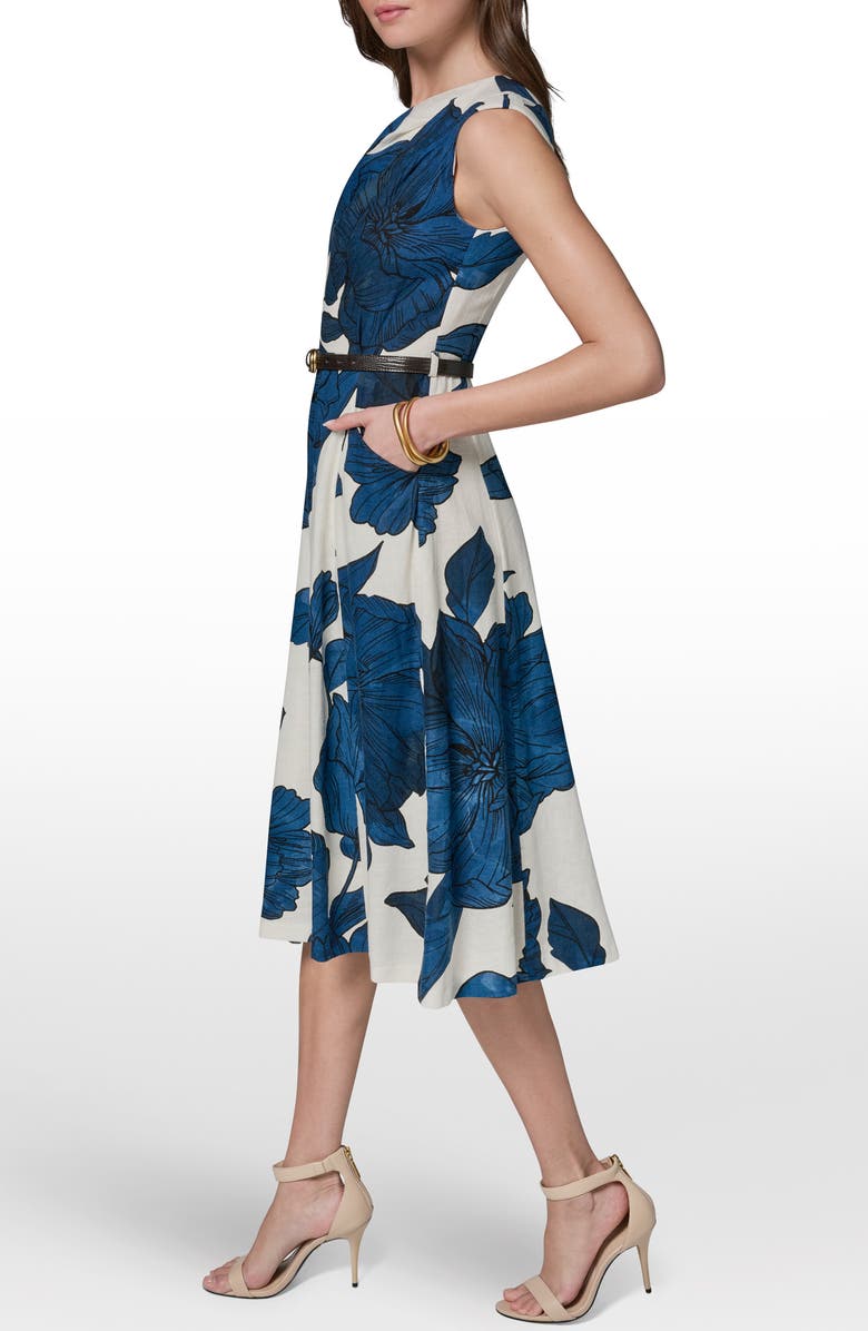 Donna Karan New York Belted Floral Linen Blend Fit & Flare Dress, Alternate, color, Cream/ Night