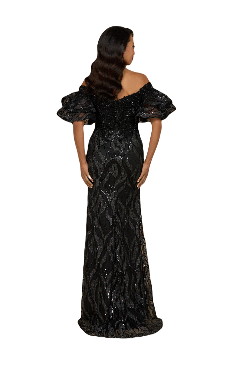 LARA New York Off Shoulder Mermaid Beaded Gown with Tiered Sleeves, Alternate, color, Black