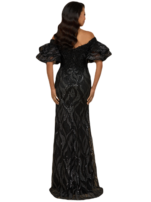 Lara New York Off Shoulder Mermaid Beaded Gown With Tiered Sleeves In Black
