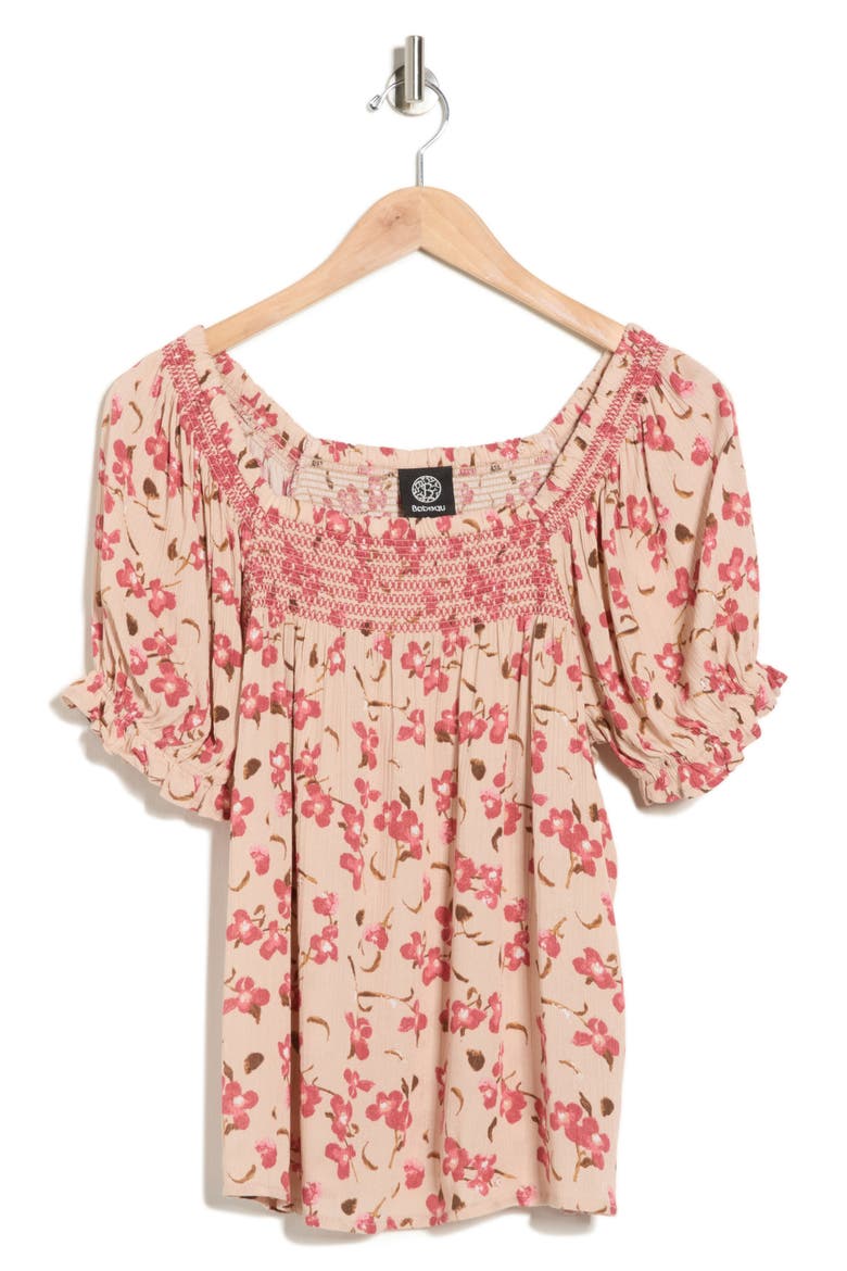 Print Peasant Top, Alternate, color, TAN/ MAUVE FLORAL