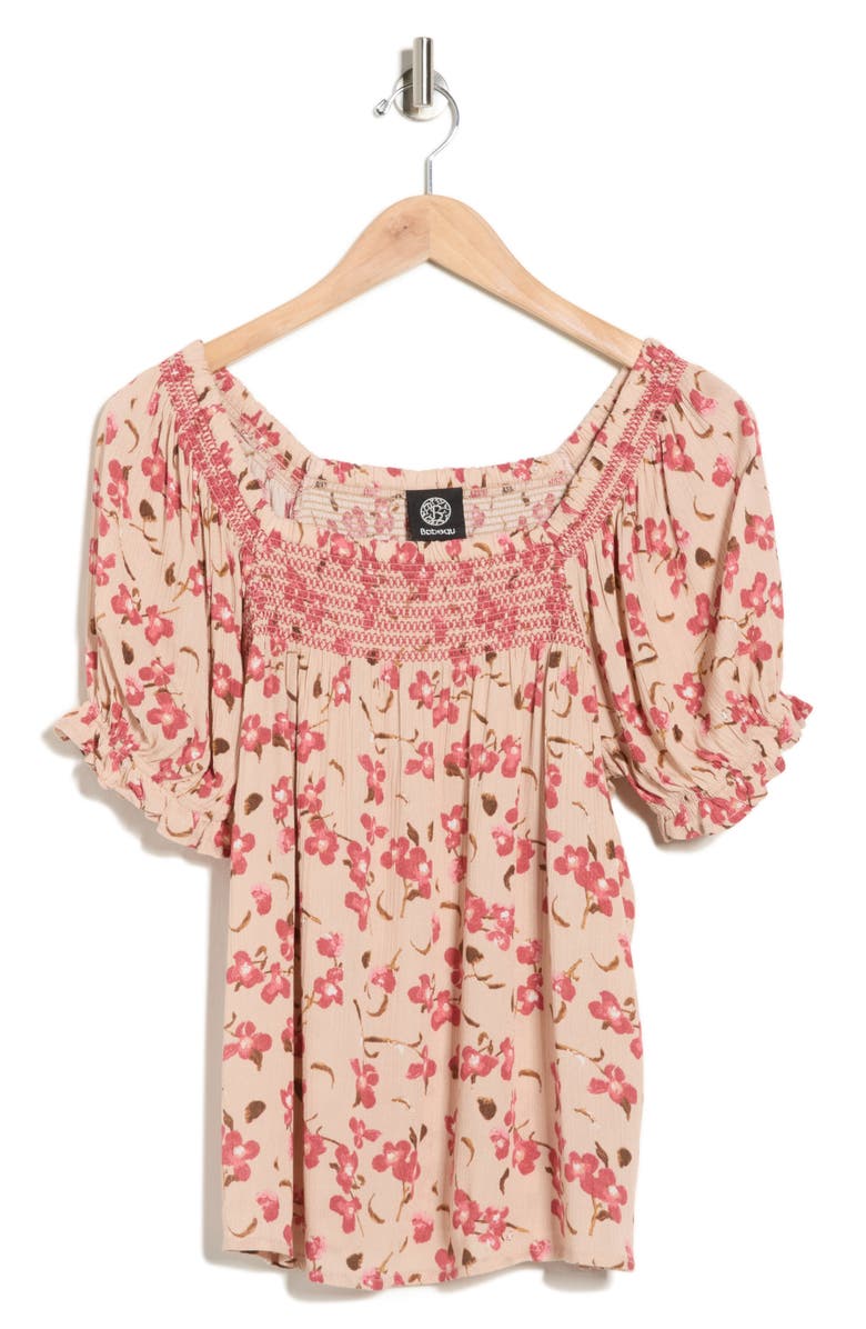 Bobeau Print Peasant Top, Alternate, color, Tan/ Mauve Floral