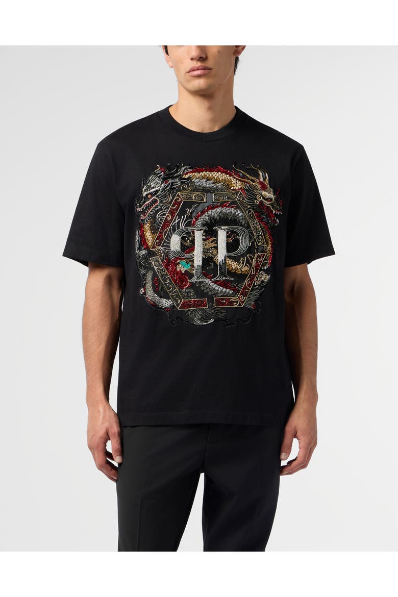 Round Neck T-Shirt Dragon Men, Main, color, black