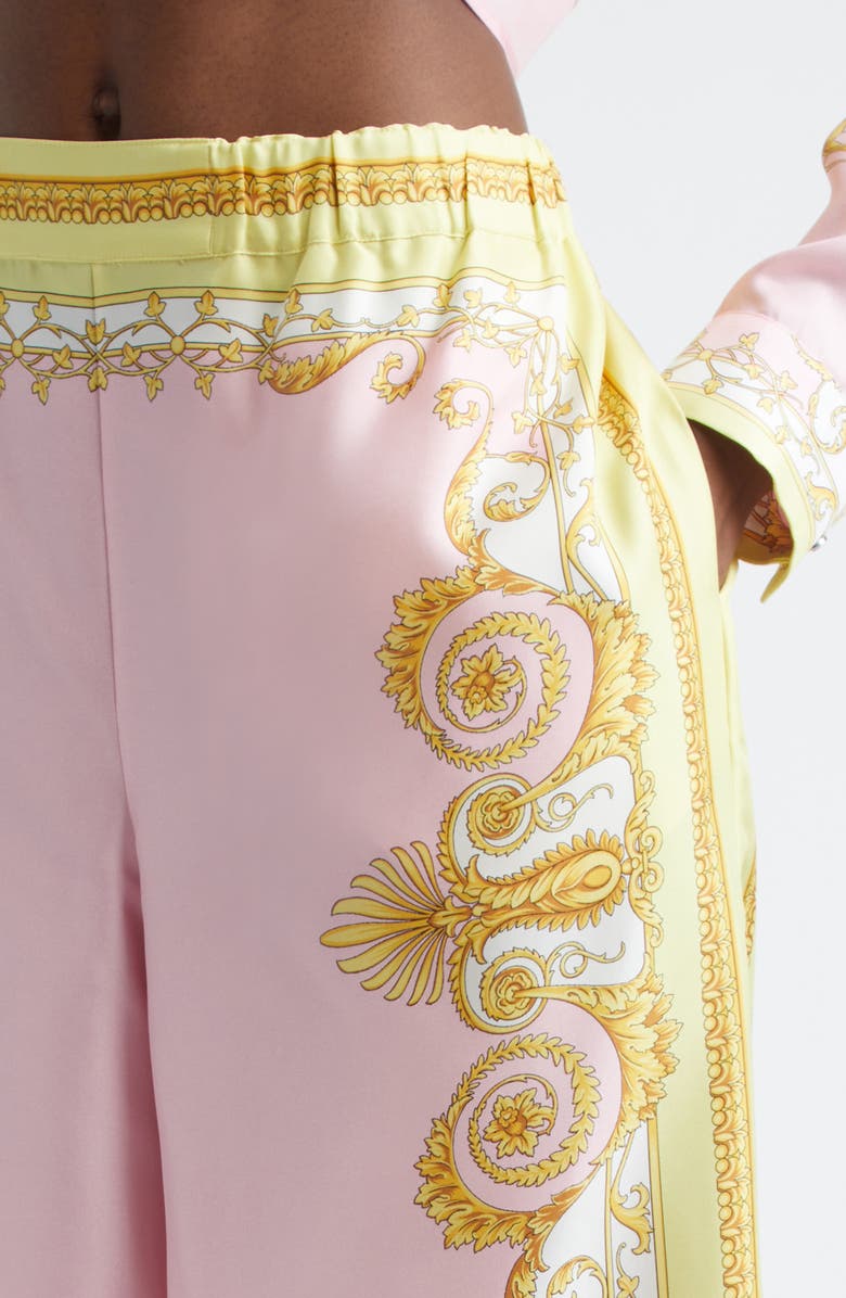 Versace Barocco Print Wide Leg Silk Twill Pants, Alternate, color, Pale Yellow Rose Quartz