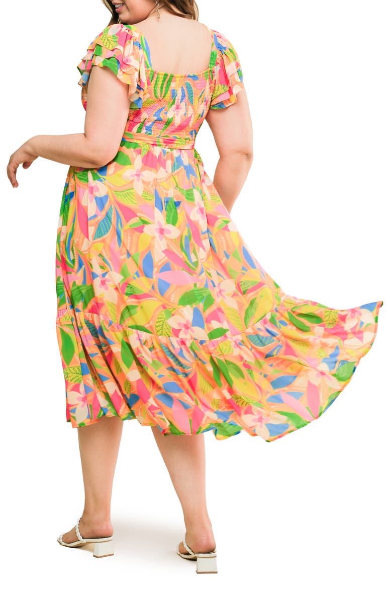 Printed Tie Waist Tiered Midi Dress, Alternate, color, ORANGE GREEN