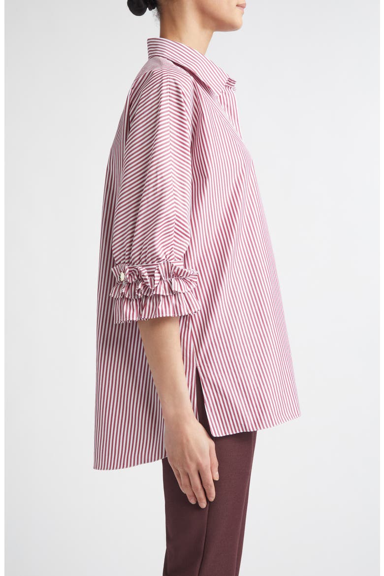 Nebbie Stripe Ruffle Elbow Sleeve Button-Up Shirt, Alternate, color, BORDEAUX