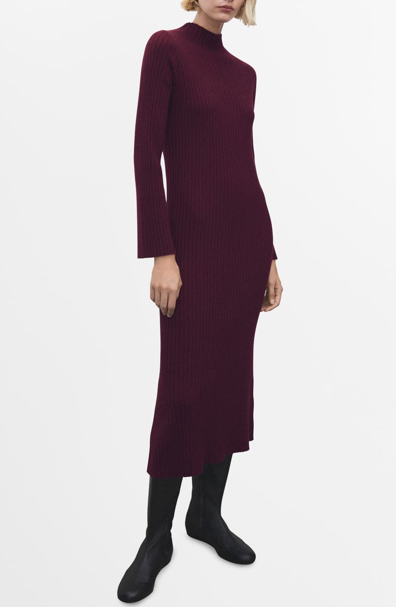 MANGO Rib Long Sleeve Midi Sweater Dress, Main, color, Wine