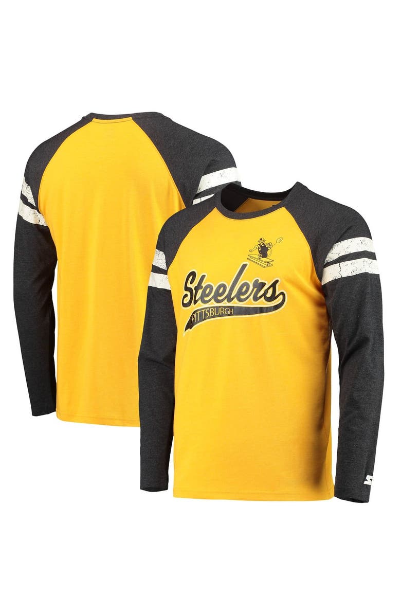 STARTER Men's Starter Gold/Black Pittsburgh Steelers Throwback League Raglan Long Sleeve Tri-Blend T-Shirt, Main, color, Gold