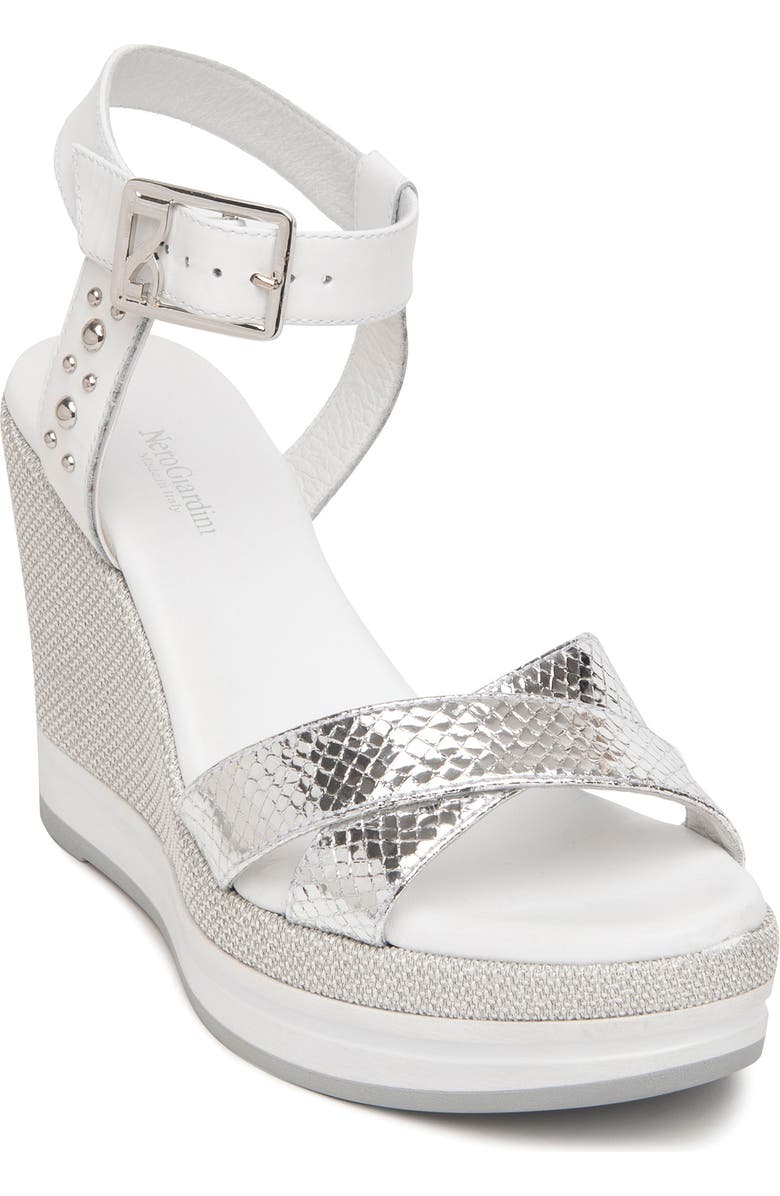 NeroGiardini Metallic Platform Wedge Sandal, Main, color,