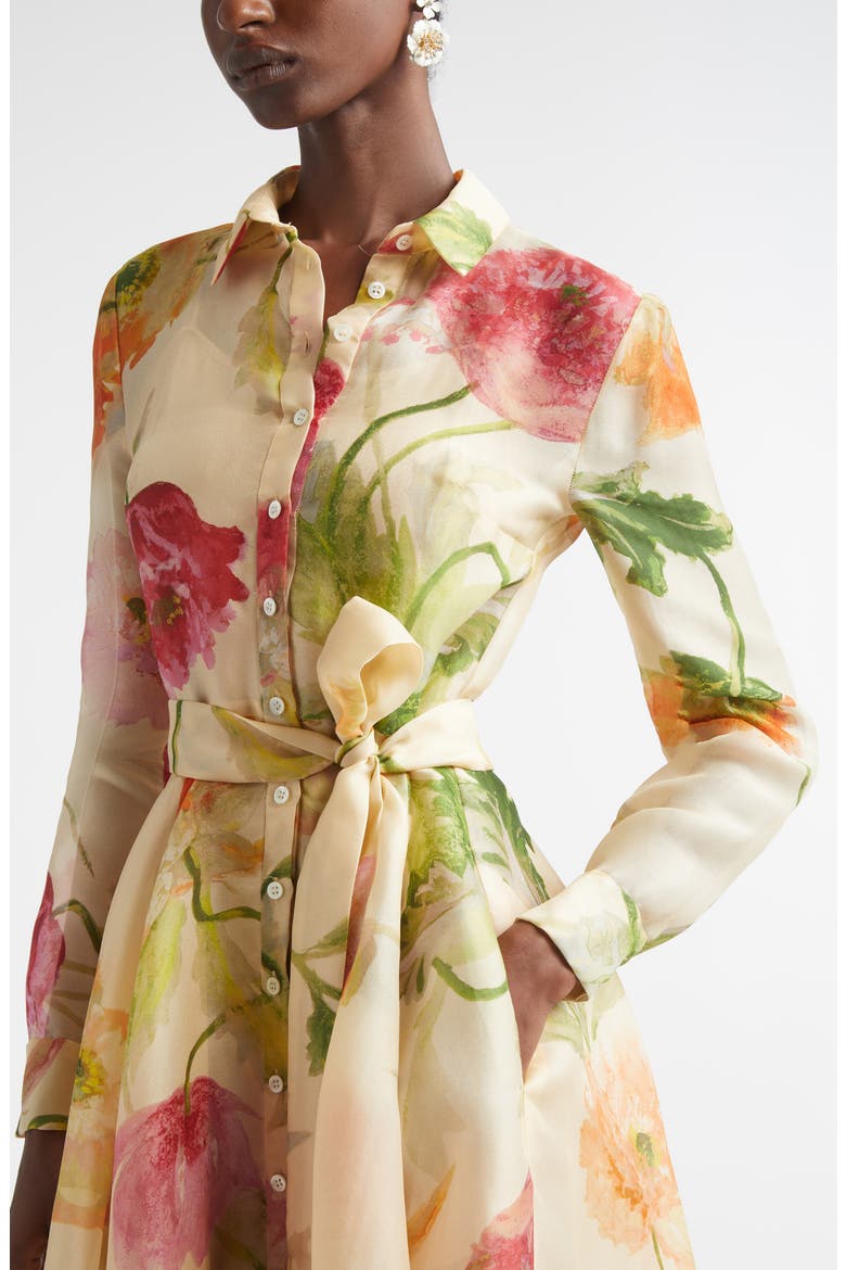 Poppy Print Belted Long Sleeve Silk Organza Shirtdress, Alternate, color, ALMOND MULTI
