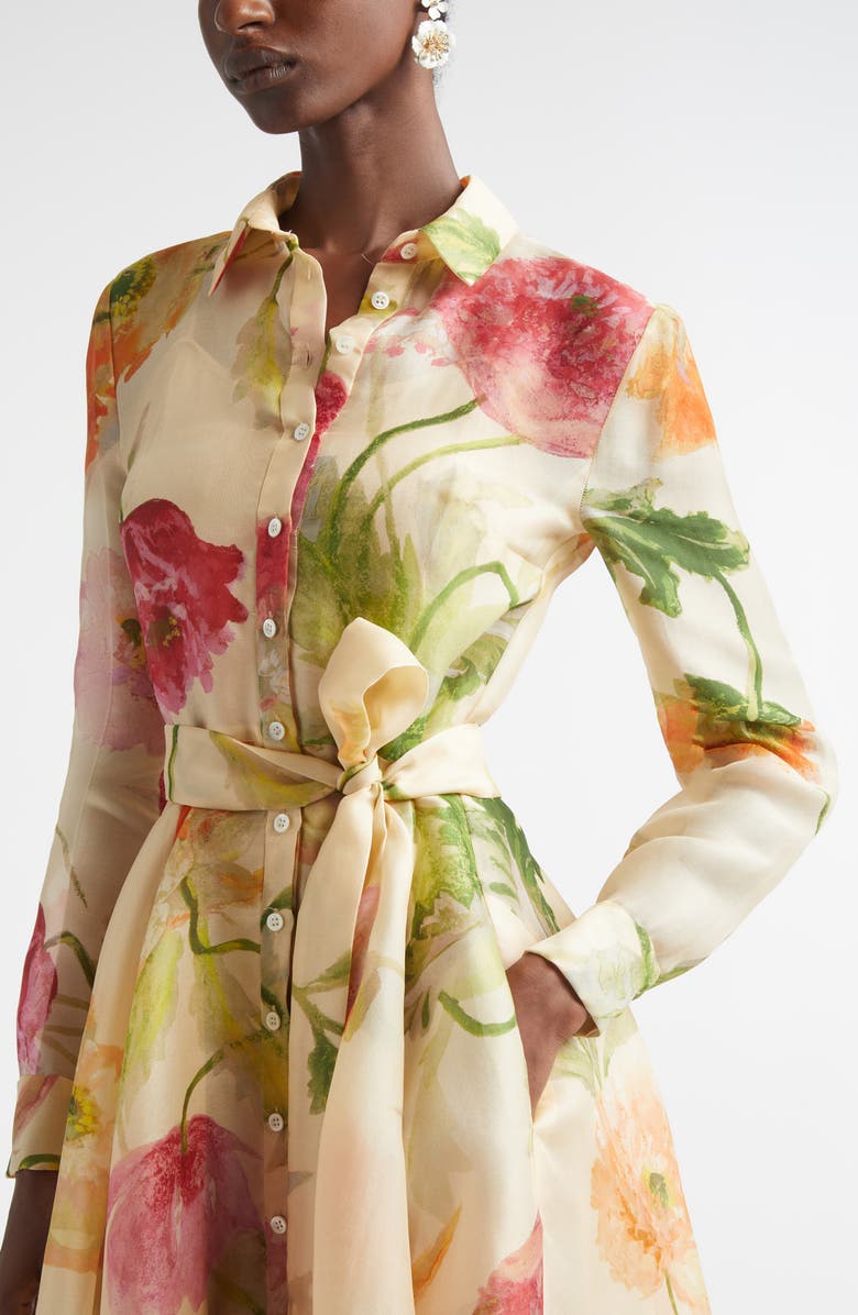 Carolina Herrera Poppy Print Belted Long Sleeve Silk Organza Shirtdress, Alternate, color, Almond Multi