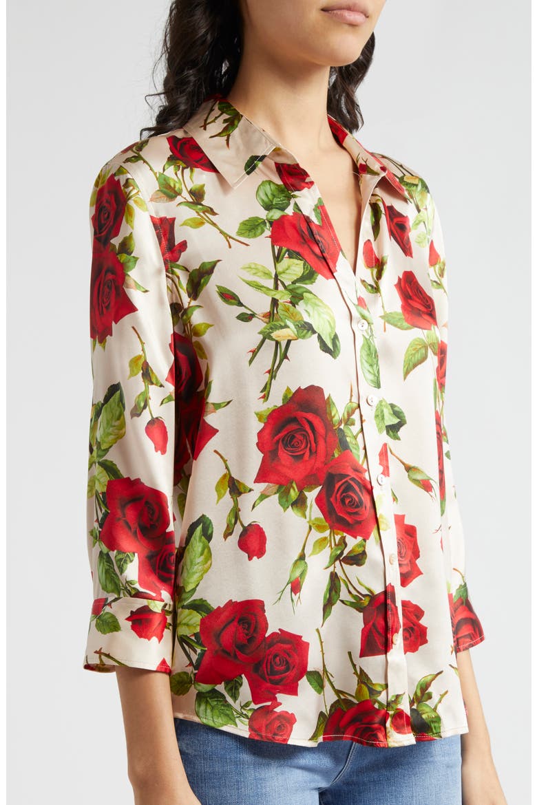 Dani Rose Print Silk Button-Up Shirt, Alternate, color, SANDRED R