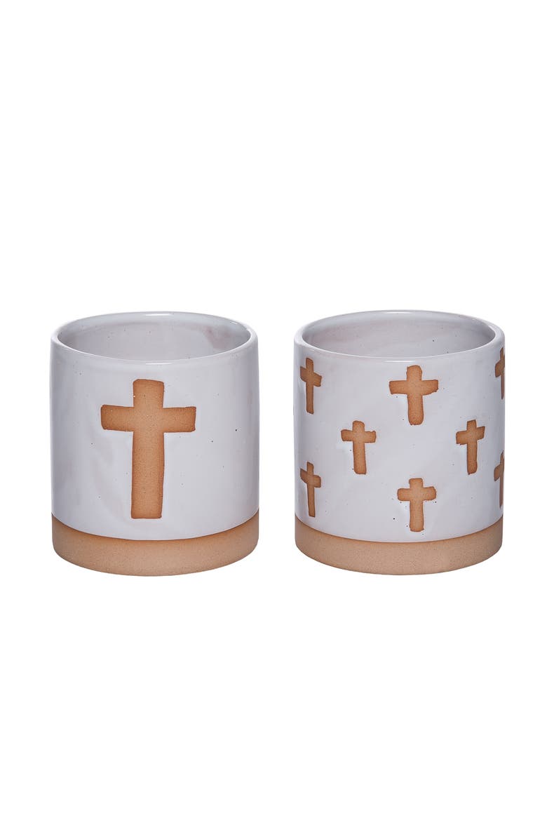 Transpac Ceramic Container with Cross Set of 2 Planter Pot White and Mud for Spring Garden Decor, Main, color, Beige