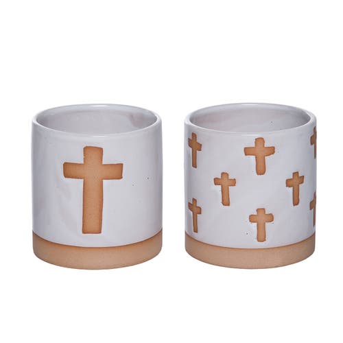 Transpac Ceramic Container With Cross Set Of 2 Planter Pot White And Mud For Spring Garden Decor In Sand