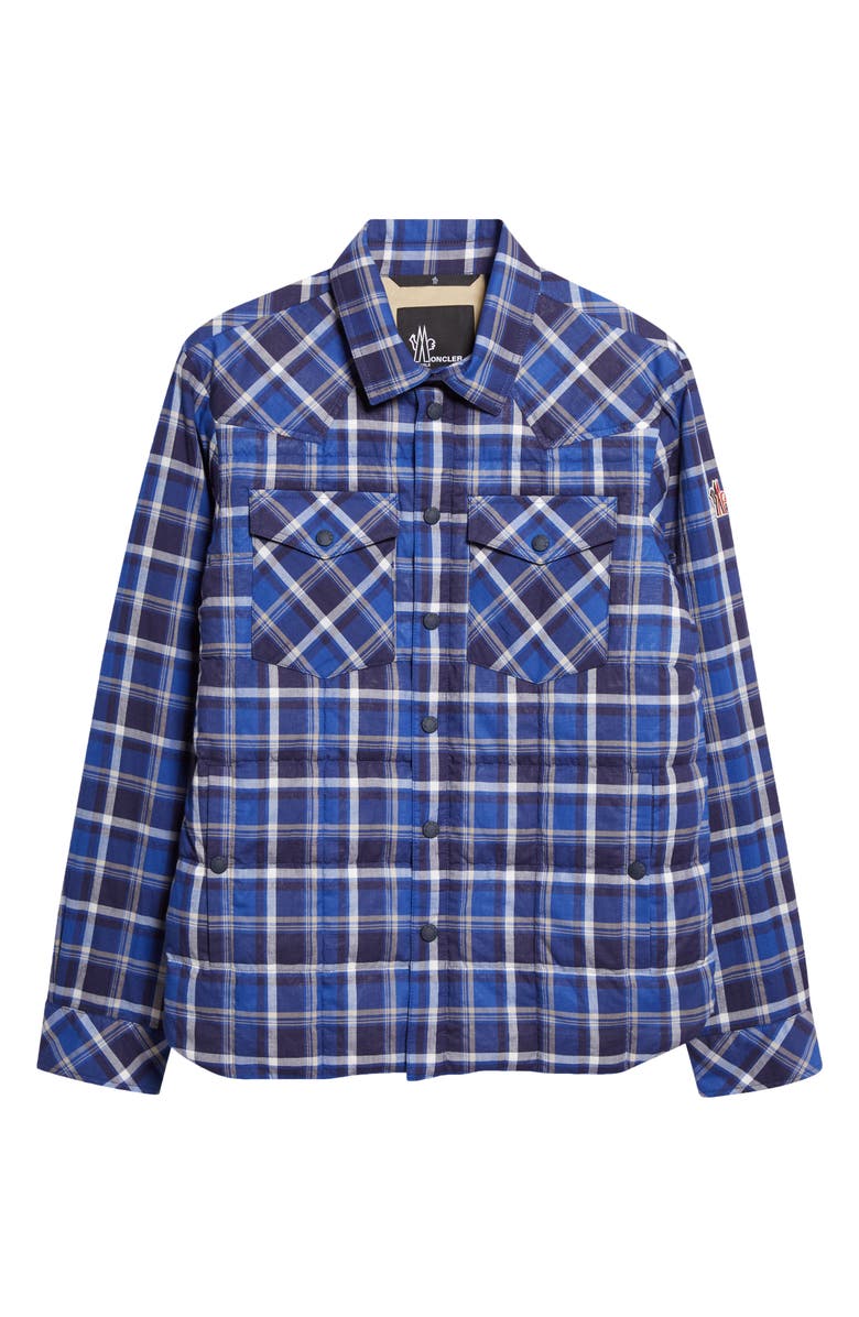 Moncler Grenoble Gelt Plaid Stretch Cotton Puffer Down Shirt Jacket, Main, color, Navy Check