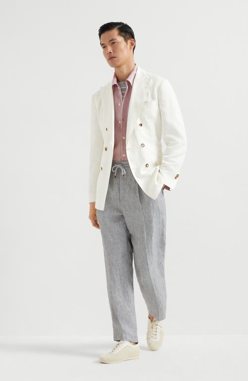 Brunello Cucinelli Men Linen Chevron Leisure Fit Pants With Drawstring And Double Pleats In Grey