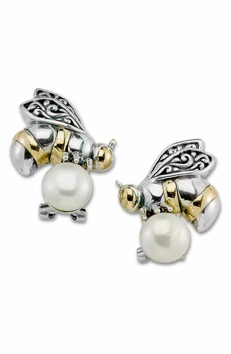 SAMUEL B. 18K Yellow Gold & Sterling Silver 7-8mm Natural Pearl Bee Stud Earrings