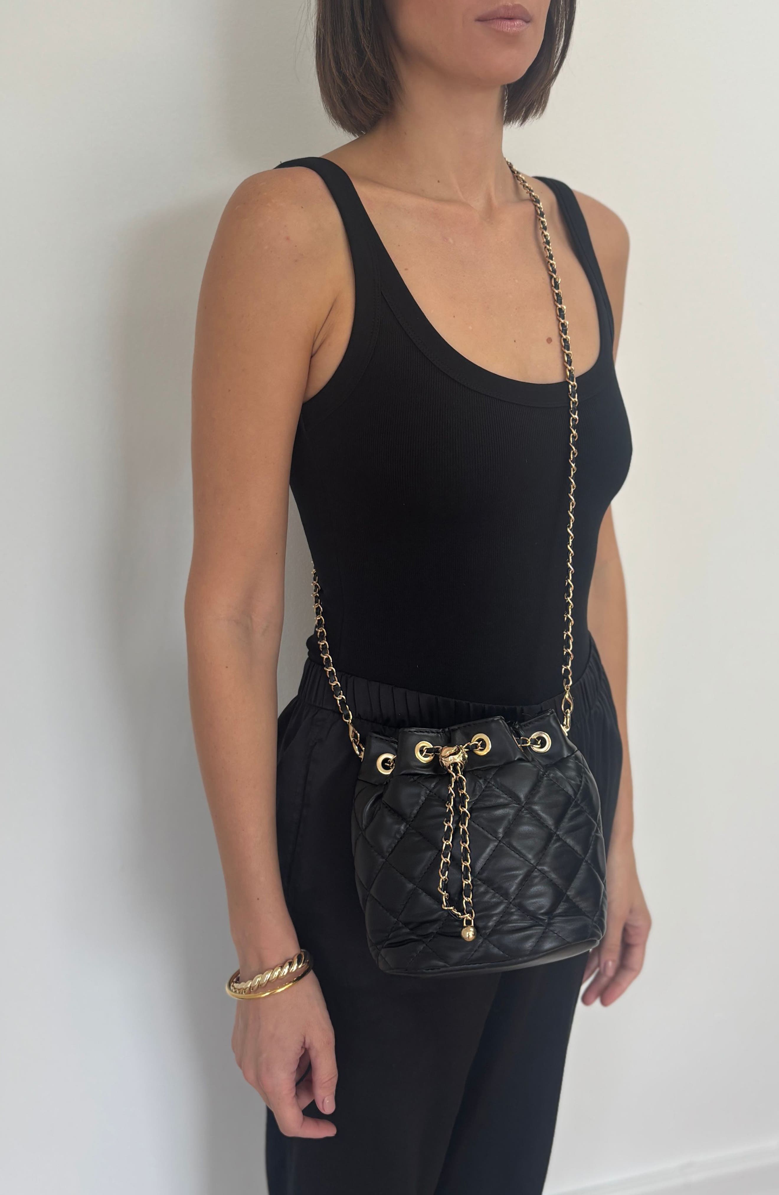 Adornia Cushion Quilt Drawstring Bucket Bag, Alternate, color, Black