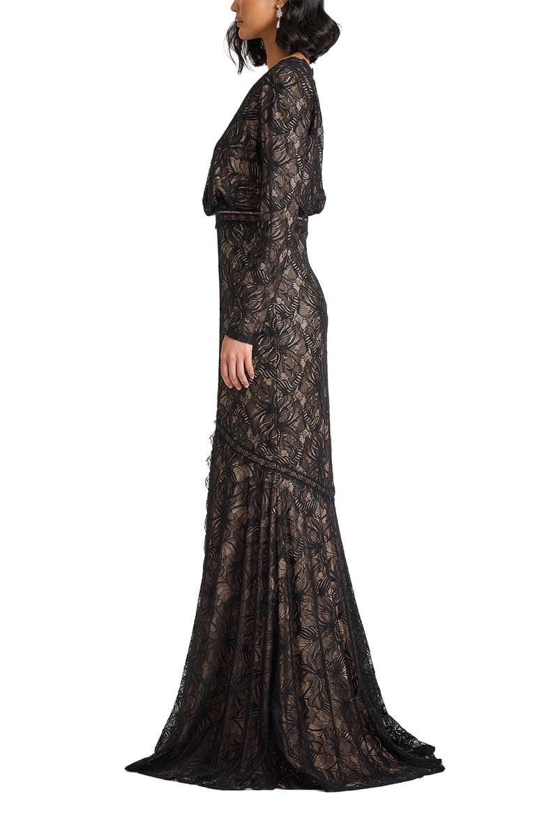 Long Sleeve Eyelash Lace Mermaid Gown, Alternate, color, BLACK/ BEIGE