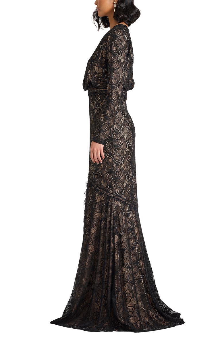 Tadashi Shoji Long Sleeve Eyelash Lace Mermaid Gown, Alternate, color, Black/ Beige